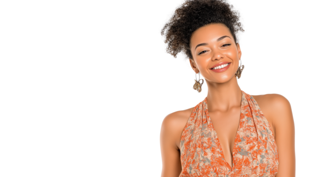 Model in summer dress with visible earrings and neckline, clean styling, no hands, white background, PNG 