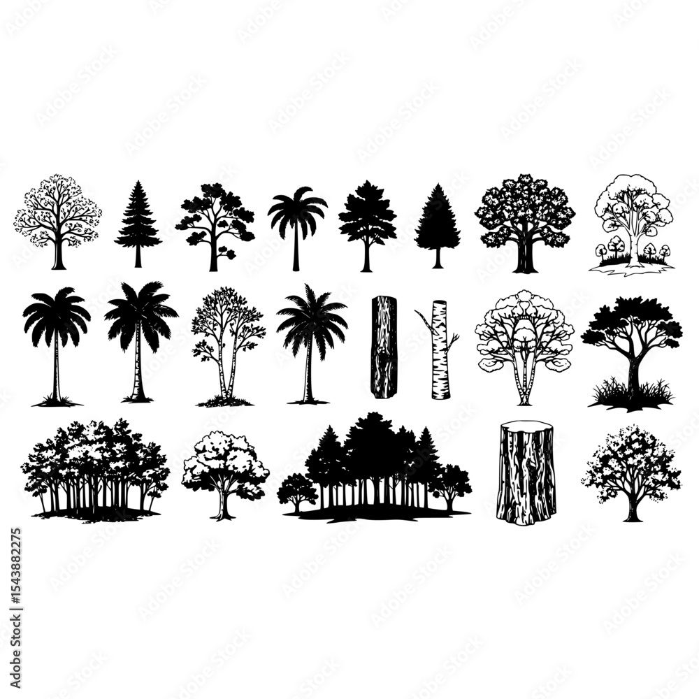 Poster silhouette tree collection vector illustration with forest trees palm trees and tree stumps design 1