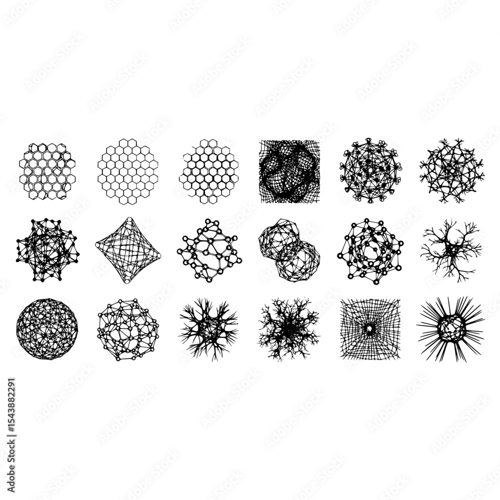 Poster geometric shapes abstract design with hexagons, spheres, and network structures complex patterns art