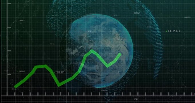 Green data line starting on grid climbing dipping oscillating around 3D globe showing digital trend