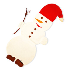 A cheerful snowman with a red hat, orange carrot nose, and brown shoes, designed for festive decorations.