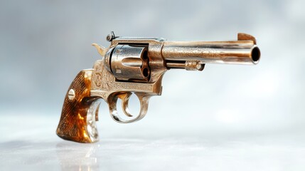 This captivating image showcases a beautifully engraved vintage revolver, highlighting its intricate design and craftsmanship, catching the light perfectly for an alluring effect.