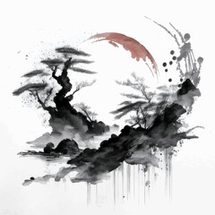 Obraz premium Ink Wash Painting of a Tree – Minimalist Japanese Style