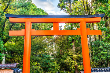 Colorful large red Tori Gate, Yasaka Shrine, Kyoto, Japan. Shine established 656 AD.
