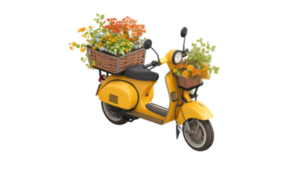 Yellow scooter with basket full of flowers, isometric 3D illustration, white background, PNG