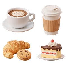 3d cup of coffee and sweets, Delicious Coffee Croissant And Cake Perfect Morning	