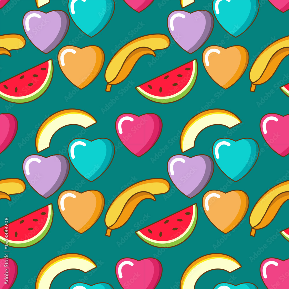 Aufkleber seamless pattern with randomly placed multi-colored hearts, bananas, watermelon and melon slices. ve