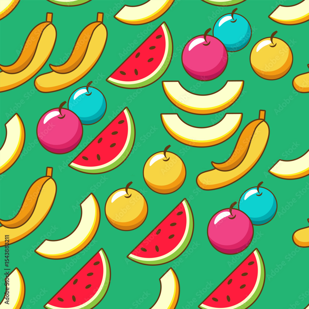 Fototapete seamless pattern with randomly placed stylized apples, bananas, watermelon and melon slices. vector 