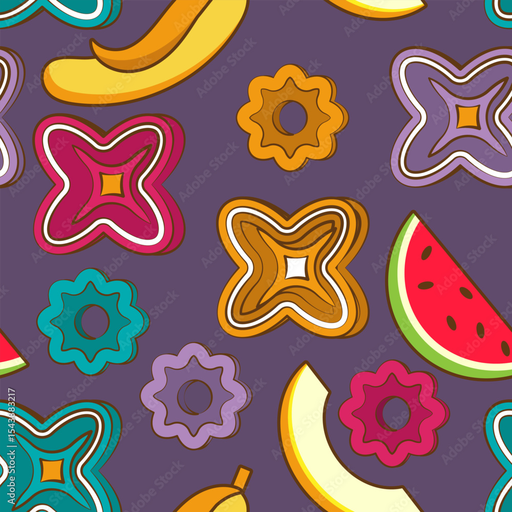 Poster seamless pattern with randomly placed stylized flowers, bananas, watermelon and melon slices. vector