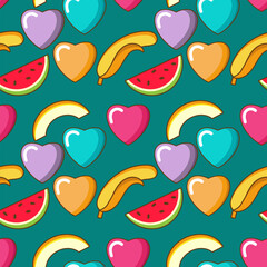 Seamless pattern with randomly placed multi-colored hearts, bananas, watermelon and melon slices. Vector illustration