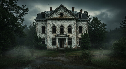 Weathered mansion stands amidst a dark overgrown landscape framed by gloomy sky