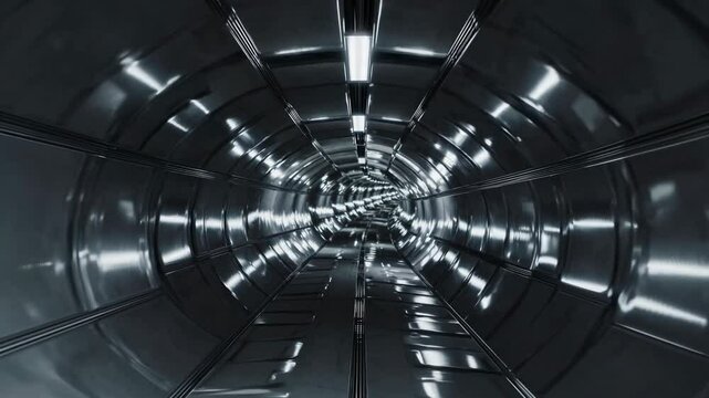 Long metallic tunnel featuring a repeating pattern, creating infinite reflections extending into the distance, illuminated by artificial lights that enhance its futuristic ambiance