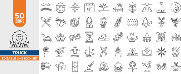 Grass & Garden Line Icons Set - 50 Editable Vector Icons for lawn, field, landscape, grow, herb, pasture, turf. Editable Stroke. Vector illustration