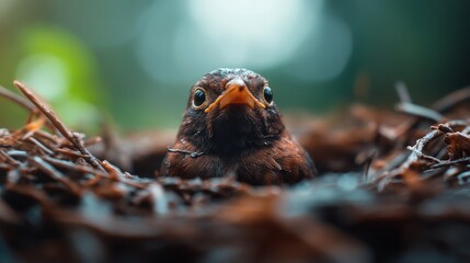 This heartwarming image features a young bird peeking out from its nest, showcasing its innocent curiosity and vulnerability amidst a natural, soft-focus background.