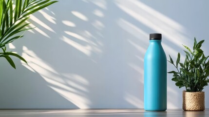 A minimalist scene showcasing a blue water bottle alongside vibrant green plants, emphasizing sustainability and the beauty of nature in everyday life.