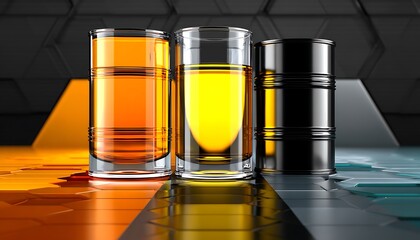 Three liquids in transparent containers