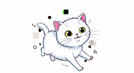 White cartoon kitten with yellow eyes pink ears and a small smile surrounded by geometric shapes on a white background