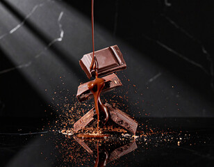 Dark chocolate bar shattered mid-air, with molten ganache filling oozing out