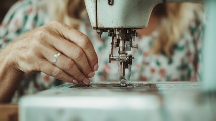 This image displays a close-up of a seamstress using a vintage sewing machine, capturing the artistry and dedication involved in creating garments from fabric.