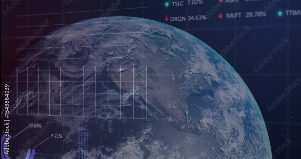 Poster startup 3d earth rotating grid fading and tickers updating charts rising showing market data