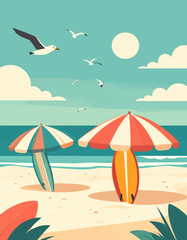 Retro Beach Poster with Surfboards and Umbrellas under Sunny Sky