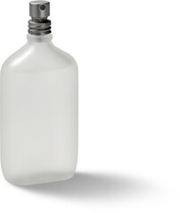 A sleek, frosted glass perfume bottle with a silver spray nozzle, designed for dispensing fragrance.