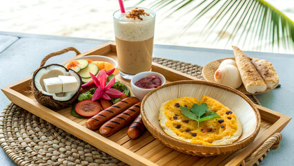 VIP breakfast in Phuket with iced latte, omelet, ham, and Thai sausages, flat lay