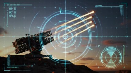 A futuristic military air defense system launching missiles with a hud targeting interface at sunset - Powered by Adobe