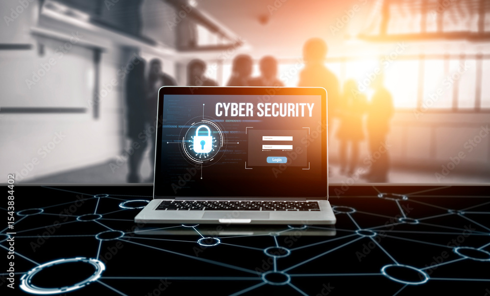 Poster cyber security system on computer screen protect private information snugly from hacker and cyber at