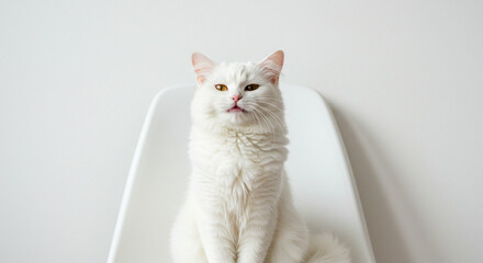 White cat sits on a white chair in front of a white wall looking forward