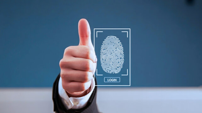 A close-up photograph of a hand wearing a white dress shirt sleeve, making a thumbs up gesture against a blurred dark blue background - Powered by Adobe