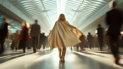 A fashionable woman walks confidently through a bustling, blurred crowd in a modern airport, representing individuality and the journey amidst the chaos of contemporary life.