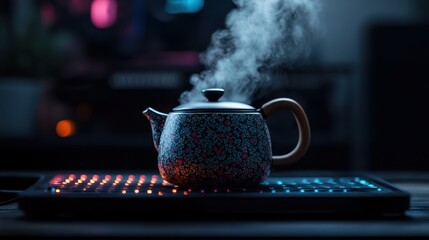 A beautifully designed teapot, adorned with floral patterns, releases steam against a cleverly illuminated surface, creating an atmosphere of warmth and comfort in a modern setting.