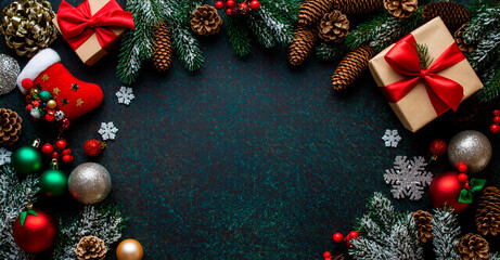 New Year blue green background with a Christmas tree, toys and cones