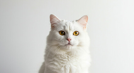 White cat with amber eyes fluffy fur and a pink nose against a plain bright background
