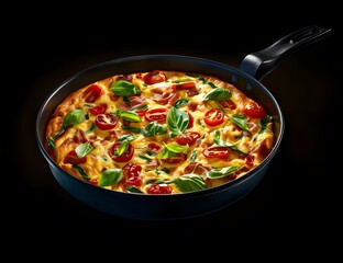 Fresh Frittata in Pan with Tomatoes, Basil and Green Beans on Black Background