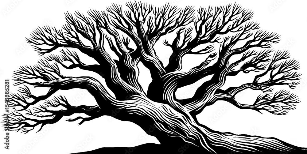 Poster intricate bare tree with twisting branches in black and white art design