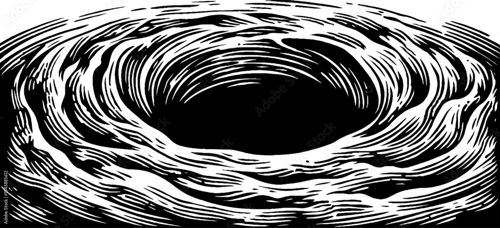 Poster abstract black hole with dynamic swirling motion in black and white design for artistic concepts