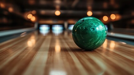 A vibrant green bowling ball captured in motion as it rolls down a polished bowling alley lane, symbolizing leisure, sport, and the excitement of friendly competition.