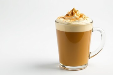 Glass cup of pumpkin spice latte, frothy top, white background, simple, hot drink, warm
