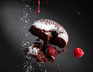 A levitating dessert, molten chocolate cake broken open mid-air, with oozing ganache and powder.