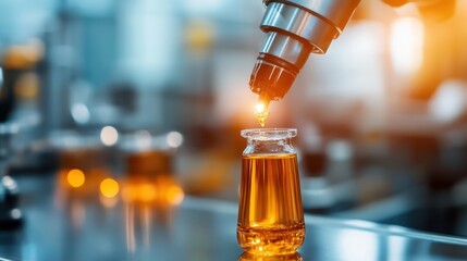 An advanced robotic apparatus is dispensing a drop of amber liquid into a glass vial in a modern laboratory setting, showcasing innovation in scientific research.