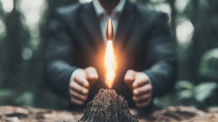 A businessman appears to launch a bullet-like rocket from his hands, symbolizing ambition and determination in a metaphorical representation of success and power.