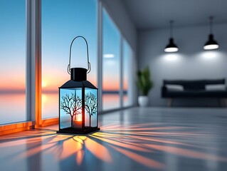 Tranquil sunset lantern indoors