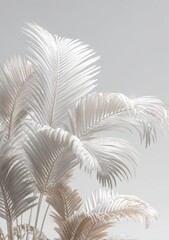 Close-up of stylized, off-white palm fronds against a muted grey backdrop, exhibiting a minimalist aesthetic
