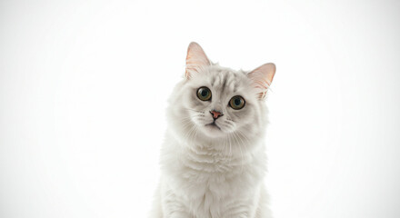 White fluffy cat with big green eyes looking forward head slightly tilted on white background