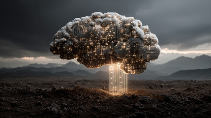 Digital brain glowing in a desolate landscape under a stormy sky technological marvel nature meets innovation