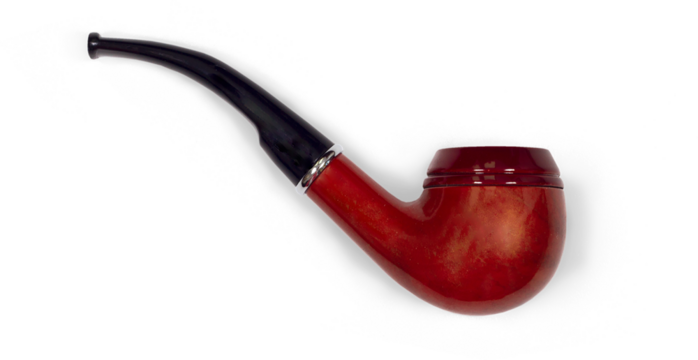 A classic smoking pipe with a curved design, featuring a glossy red and black finish.