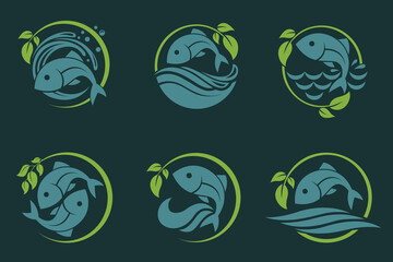 collection of nature fish icon with waves isolated on dark background