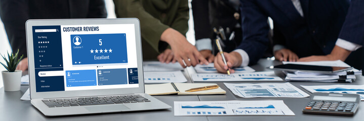 Panorama shot analyst team utilizing BI Fintech to analyze financial report with laptop....